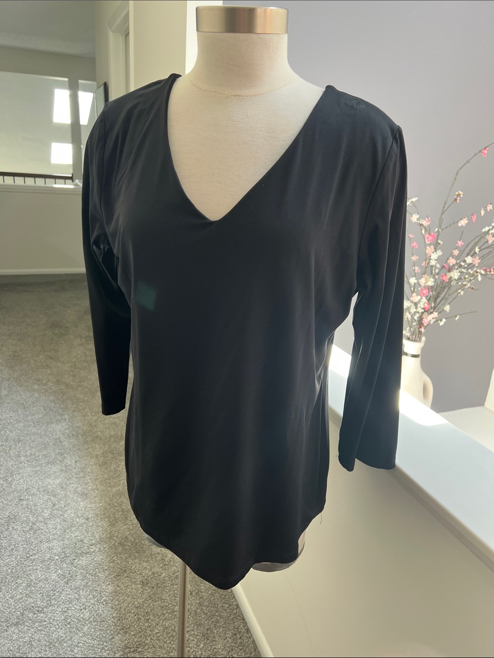 Women’s V-Neck Black Top - Classic Long Sleeve